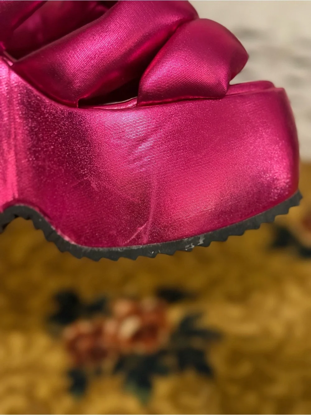 Dolls Kill Lemon Drop Metallic Fuchsia Padded Platform Slide Sandals